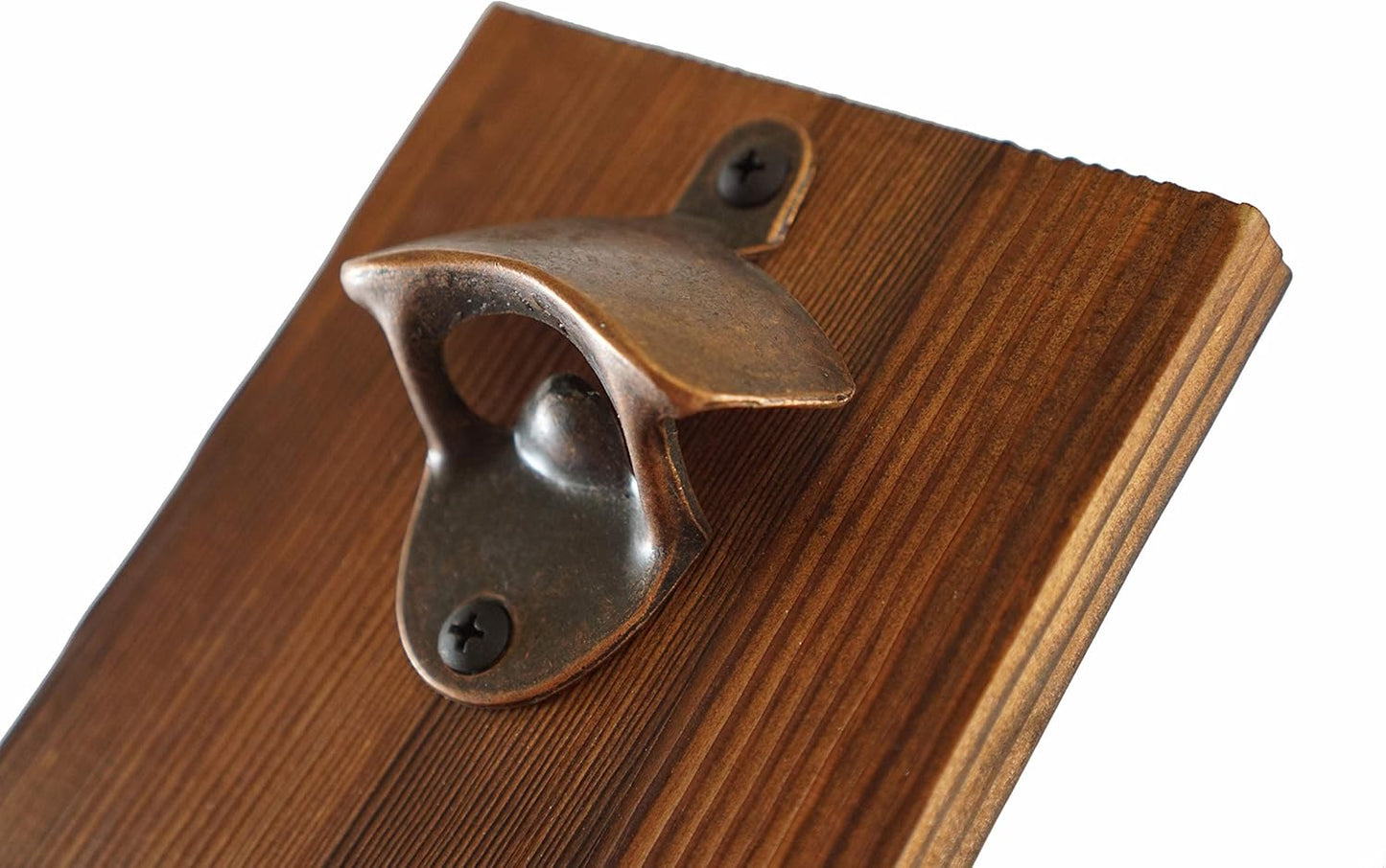 “Beer O’ Clock” Rustic Wall Mounted Bottle Opener and Catcher - Dark Stain Pine with Zinc Alloy Opener - Removable Wooden Bucket - Man (or Woman) Cave Ready