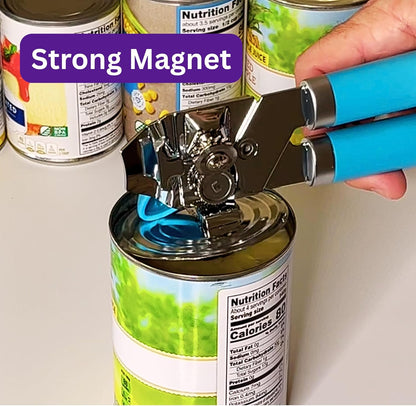 Manual Can Opener for Seniors Easy-Turn Knob, Cleaner Edge Cutting, Magnetic Lid Lifter, Heavy-Duty Carbon Steel Blade, Ergonomic Comfort Grip Blue