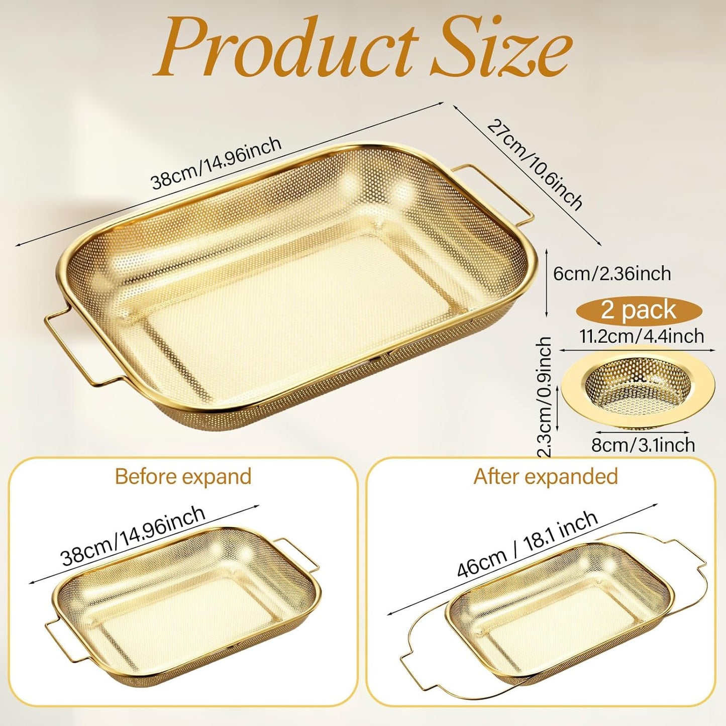3 Pcs Gold over the Sink Colander and Strainer for Kitchen, Sink Strainer Basket, Collapsible Basket for Kitchen, Fruit Pasta Food Expandable Plastic Colander with Drain Stainless Steel