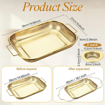 3 Pcs Gold over the Sink Colander and Strainer for Kitchen, Sink Strainer Basket, Collapsible Basket for Kitchen, Fruit Pasta Food Expandable Plastic Colander with Drain Stainless Steel