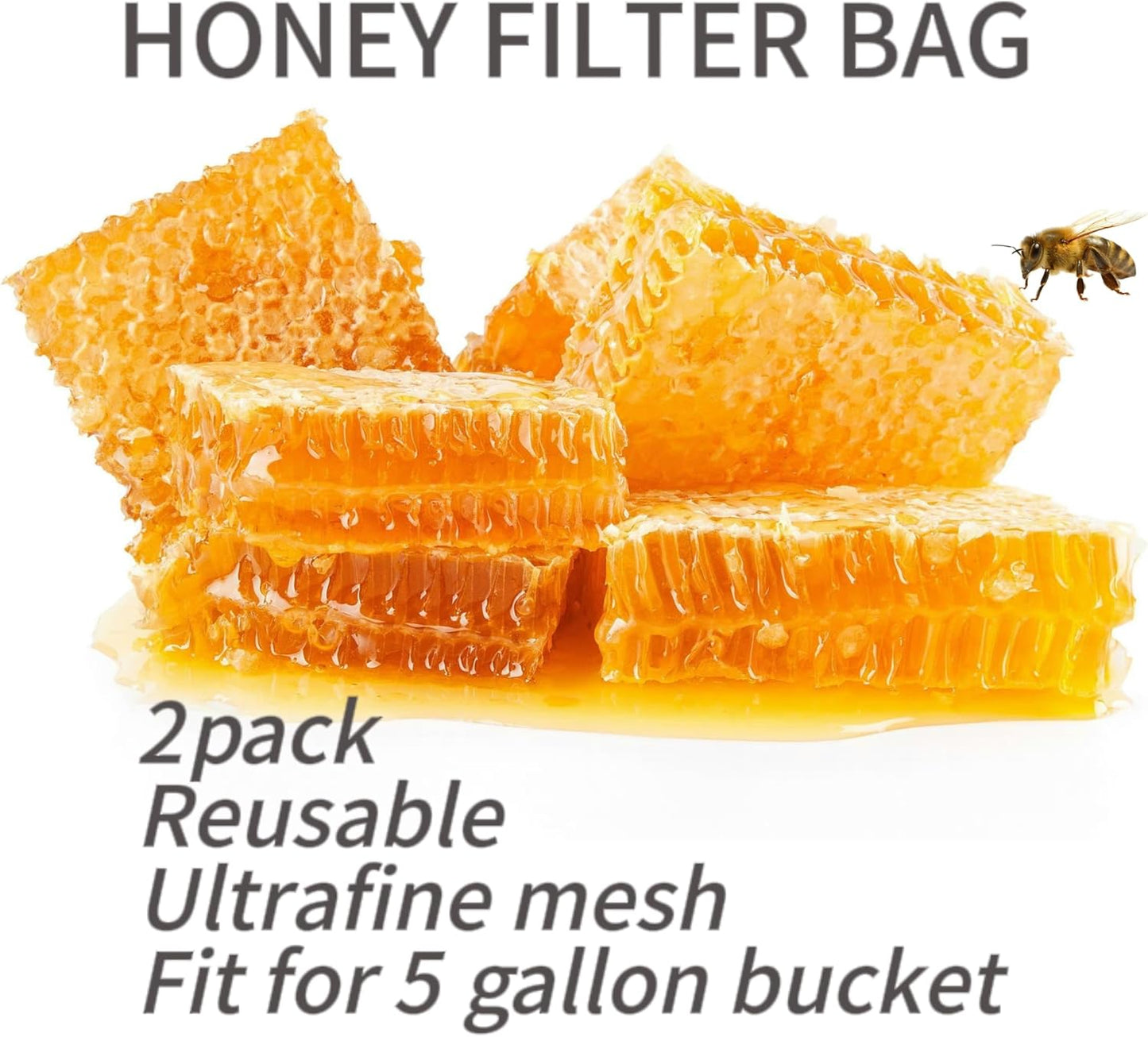 Honey Strainer, 2 Pcs Honey Filter Bag Ultra-Fine Mesh Strainer with Adjustable Drawstring, Beginner Honey Extractor Equipment in a 5 Gallon Bucket, Bee Supplies Reusable and Washable