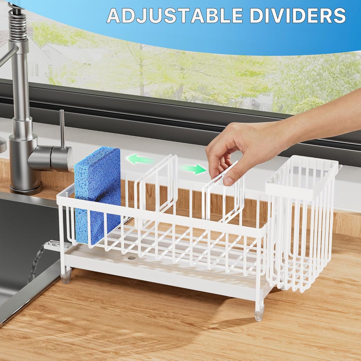Cisily Sponge Holder for Kitchen Sink, Sink Caddy Organizer with High Brush Holder, Kitchen Countertop Organizers and Storage Essentials, Rustproof 304 Stainless Steel (Black, 9.25″)