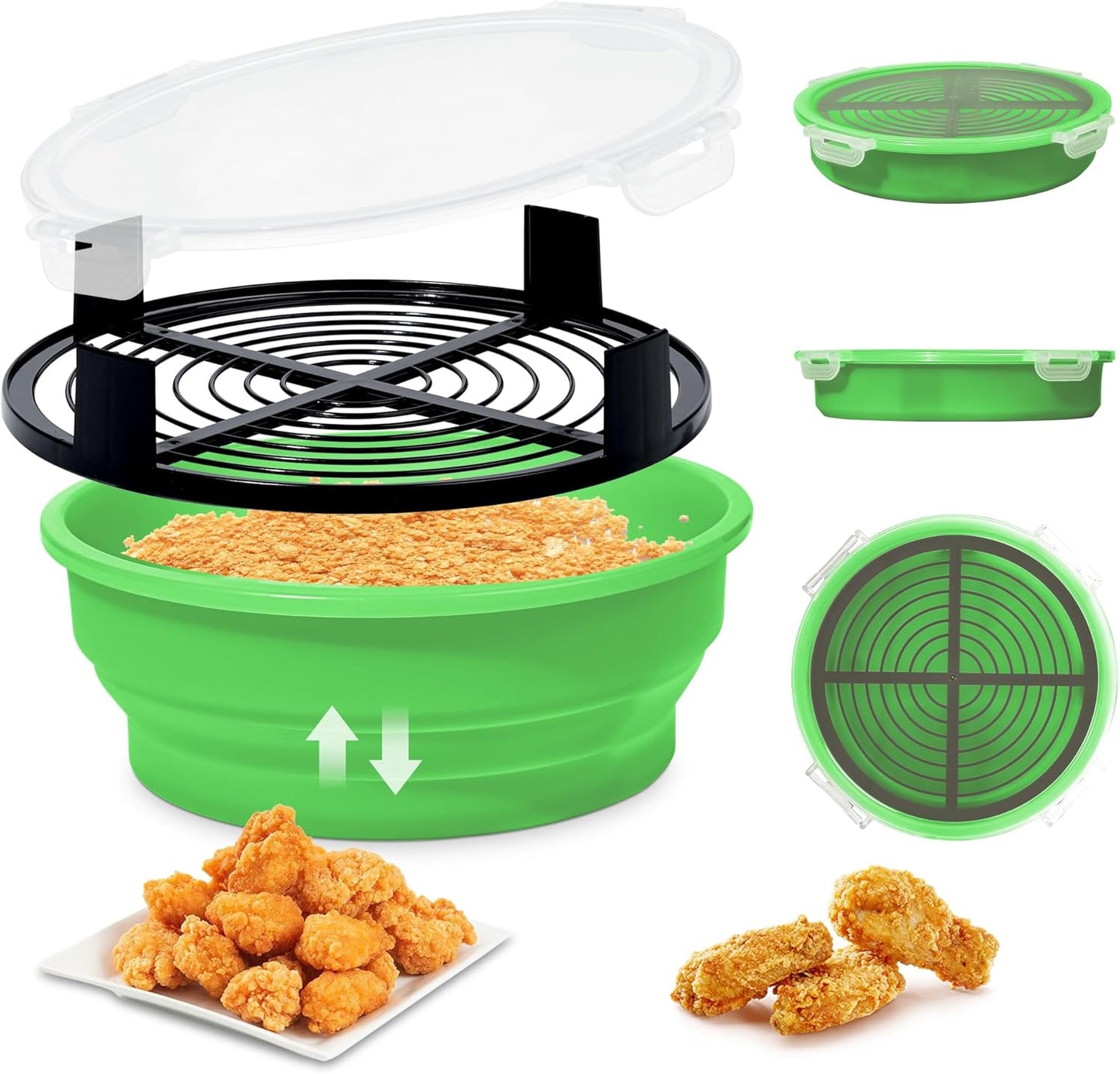FJNATINH Collapsible Batter Bowl - Mess Free Better Breader Shaker Bowl with Lid Breading Shaker Container - Great for Fried Fish, Fried Chicken, Onion Rings, Wings & More,No Leak,Easy to Store