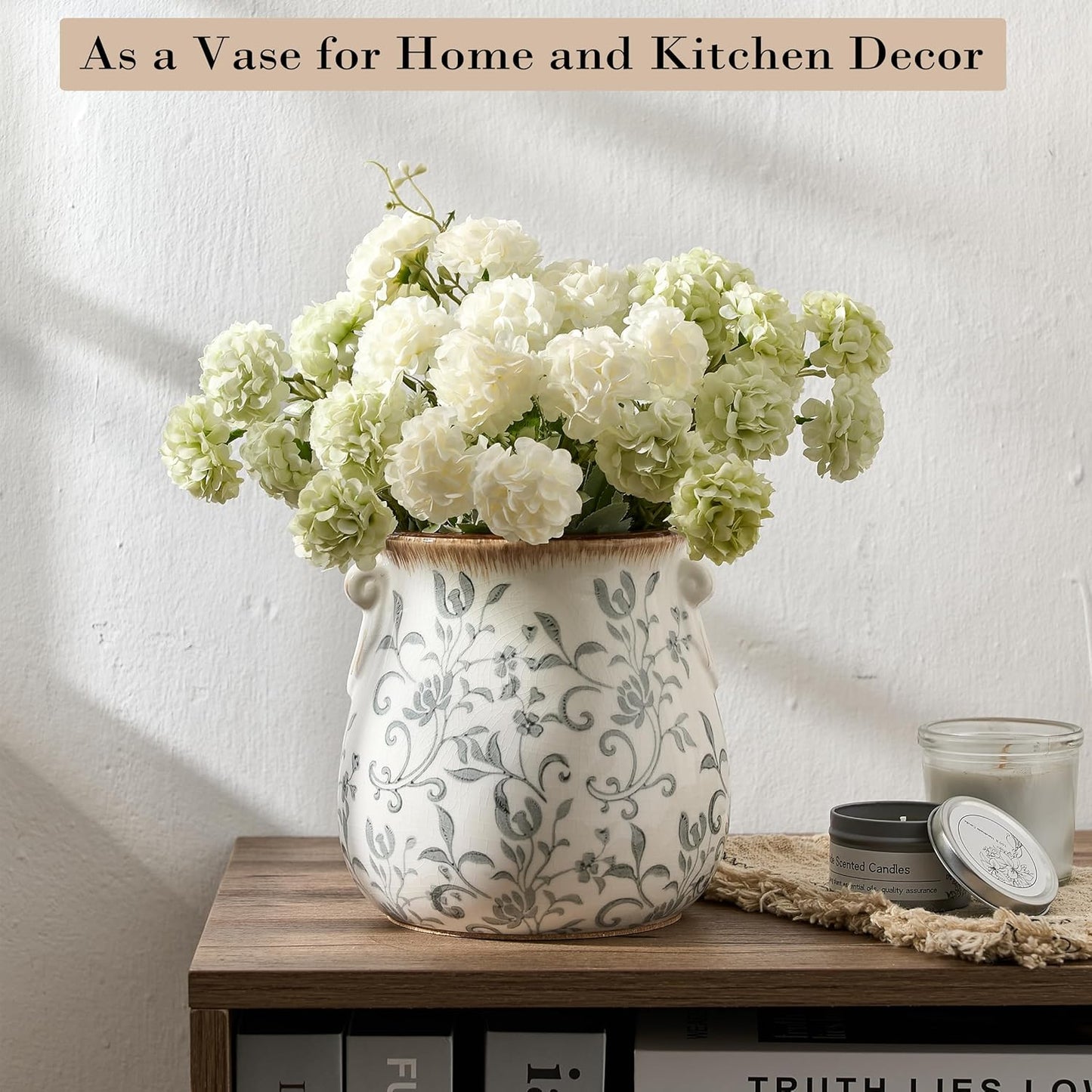 Utensil Holder for Kitchen Counter, Modern Farmhouse Rustic Cooking Utensil Holder and Crock, Exquisite Chinoiserie Floral Ceramic Utensil Organizer for Home Kitchen Decor- Green and Beige