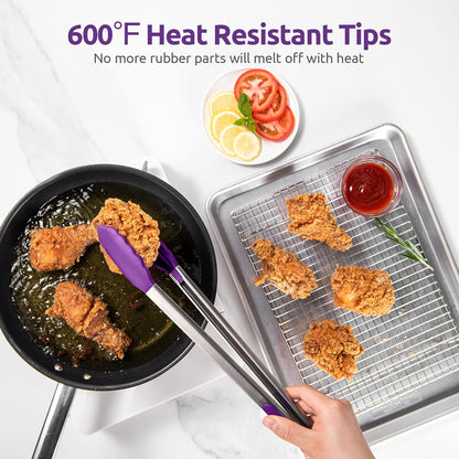 600ºF Heat Resistant Kitchen Tongs: U-Taste 9 inch Silicone Cooking Tong with Firm Sealed Non Stick Rubber Tips & Silicon Coated 18/8 Stainless Steel Handle & Smooth Locking for Serving Salad (Black)