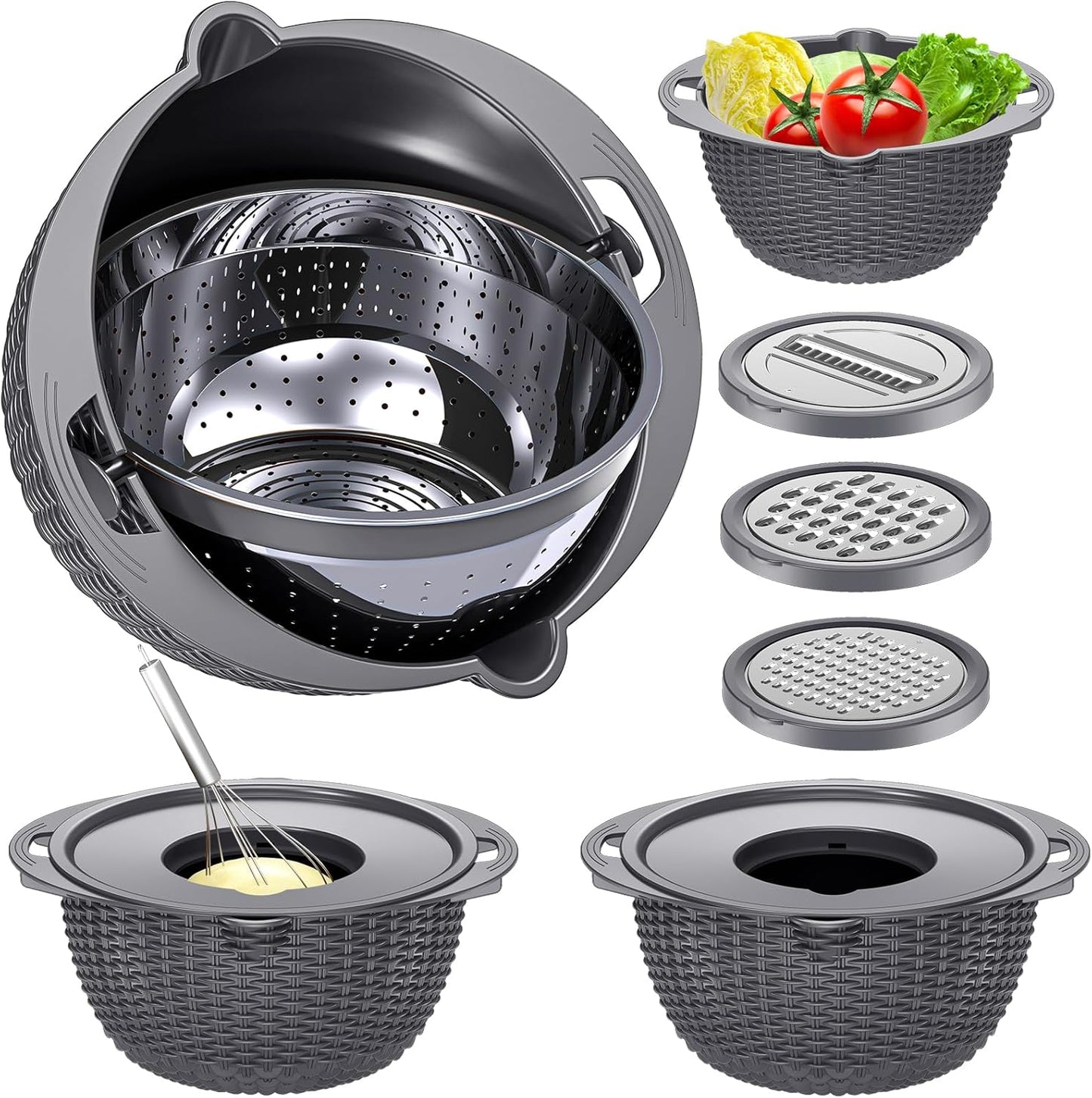 4-1 Colander with Bowl Set - Pasta Strainer - Colander for Kitchen - Strainers and Colanders Rice Strainer Fruit Cleaner Veggie Wash Sink Strainer Kitchen Essentials - Black