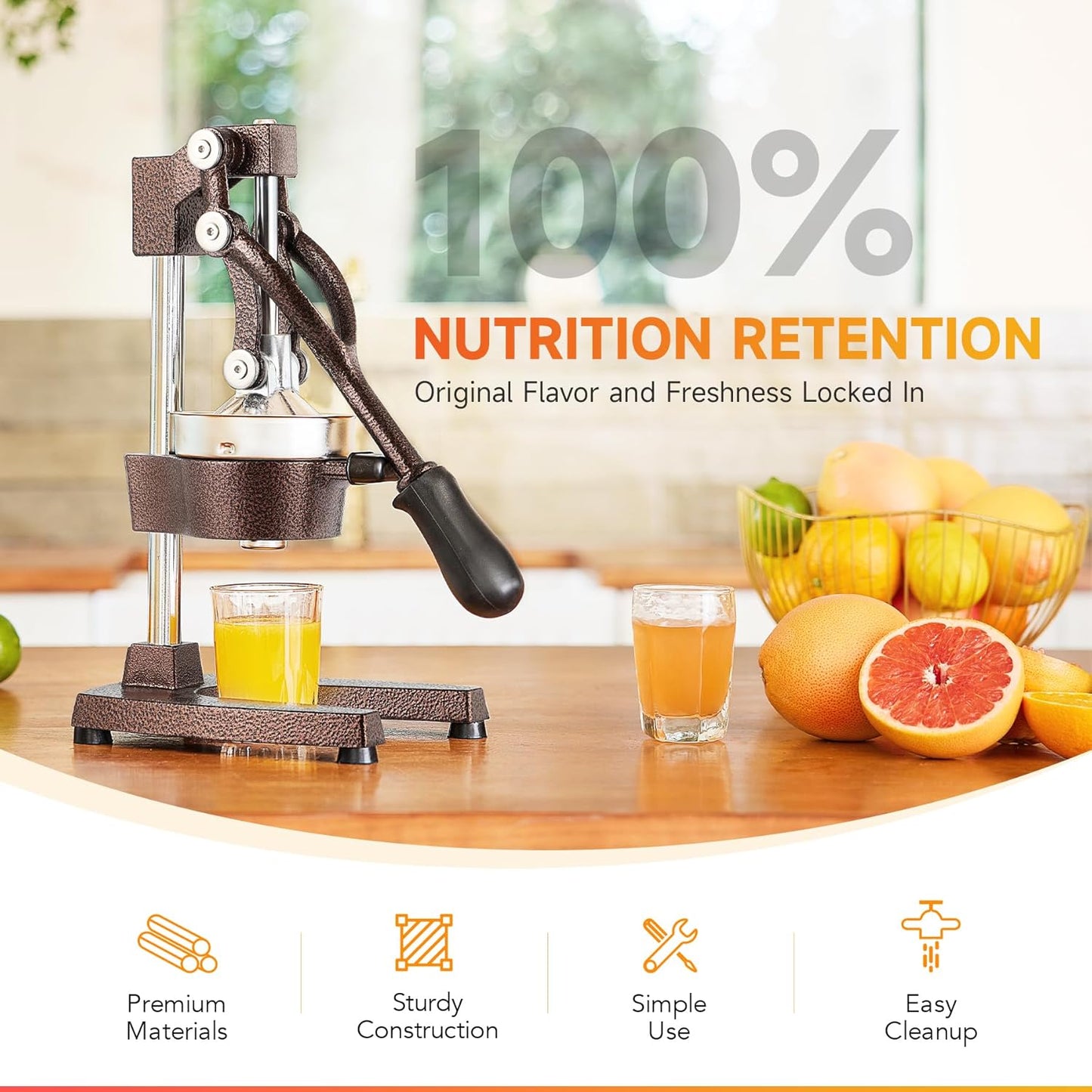 CO-Z Manual Citrus Juicer, Commercial Grade Cast Iron Orange Juicer, Professional Heavy Duty Juice Press with Removable Strainer, Manual Juice Extractor for Orange Lemon Pomegranate Citrus, Black