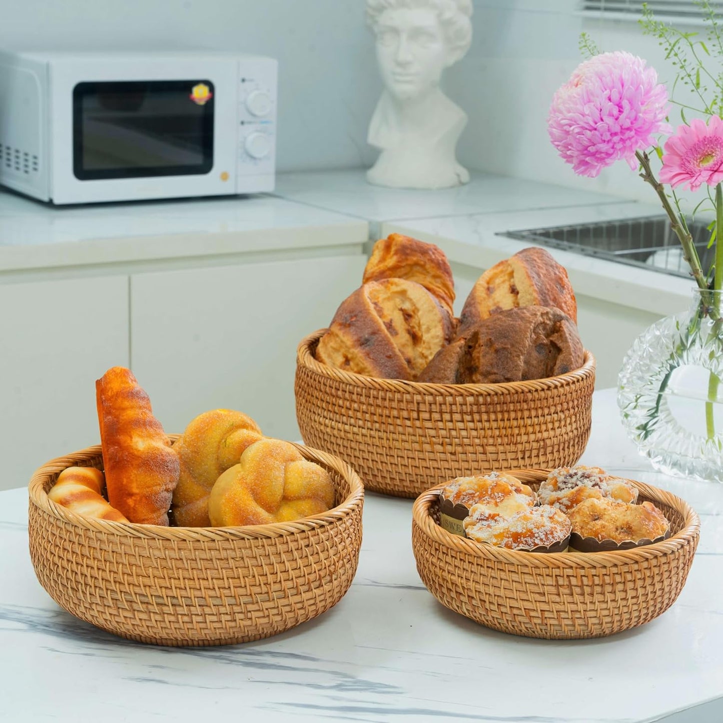 Woven Fruit Basket For Holder Bowl Decorative Bread Vegetable, Serving Bowl Set of 3 For Organizing Kitchen Natural Rattan Picnic Basket Round Stackable (Natural)