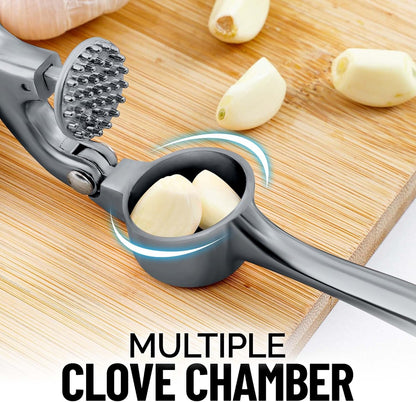 Zulay Kitchen Premium Garlic Press Set - Rust Proof Professional Garlic Mincer Tool - Easy-Squeeze, Easy-Clean with Soft, Ergonomic Handle - Silicone Garlic Peeler & Brush (Silver)