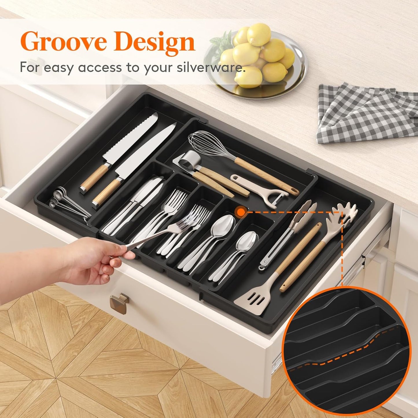 Lifewit Silverware Drawer Organizer, Expandable Utensil Tray for Kitchen, BPA Free Flatware and Cutlery Holder, Adjustable Plastic Storage for Spoons Forks Knives, 11-18 x 14", Black