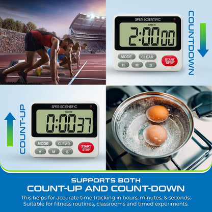 Sper Scientific 24-Hour Digital Lab + Kitchen Timer with LED Light 810001 - Precision Countdown Timer with Large Display, Loud Alarm & Clock Mode - for Cooking, Lab Experiments & More