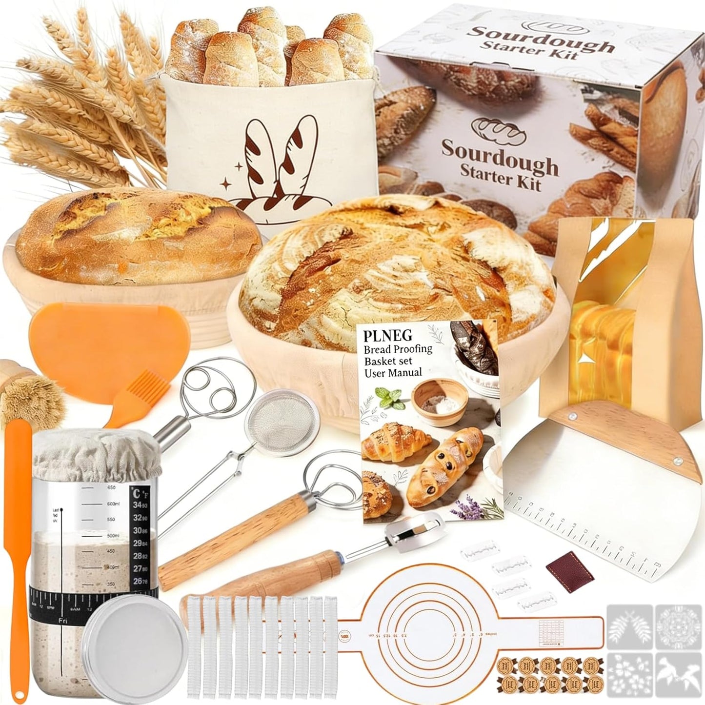 Sourdough Starter Kit, Sourdough Bread Baking Supplies, 9" Round & 10" Oval Banneton Bread Proofing Basket, Bread Sling, Starter Jar, Dough Whisk ect Complete Baking Set for Women Wife Mom