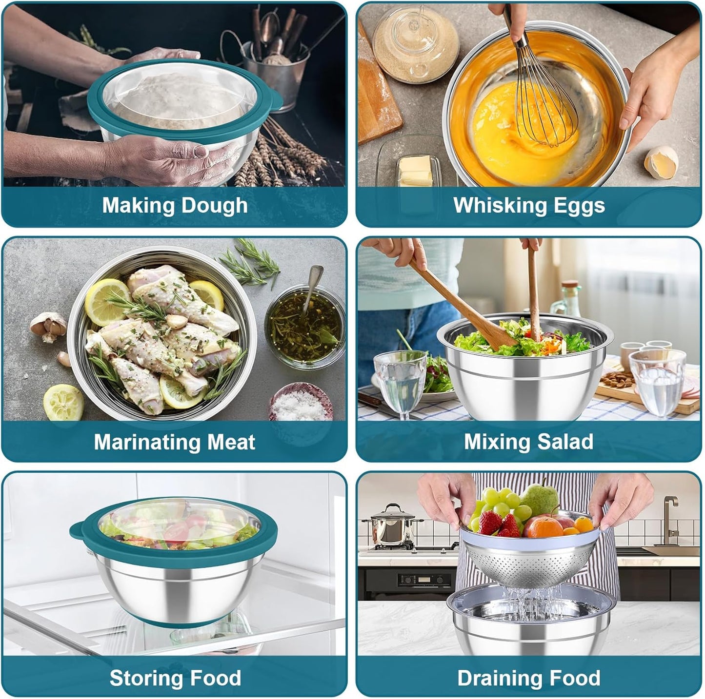 TeamFar Mixing Bowls with Colander Set, Stainless Steel Strainer and Nesting Salad Bowls, with Lids & 3 Graters, Non-Slip Bottom & Visible Lid, Rotatable & Dishwasher Safe, 4.6/3/1.5 QT, Khaki