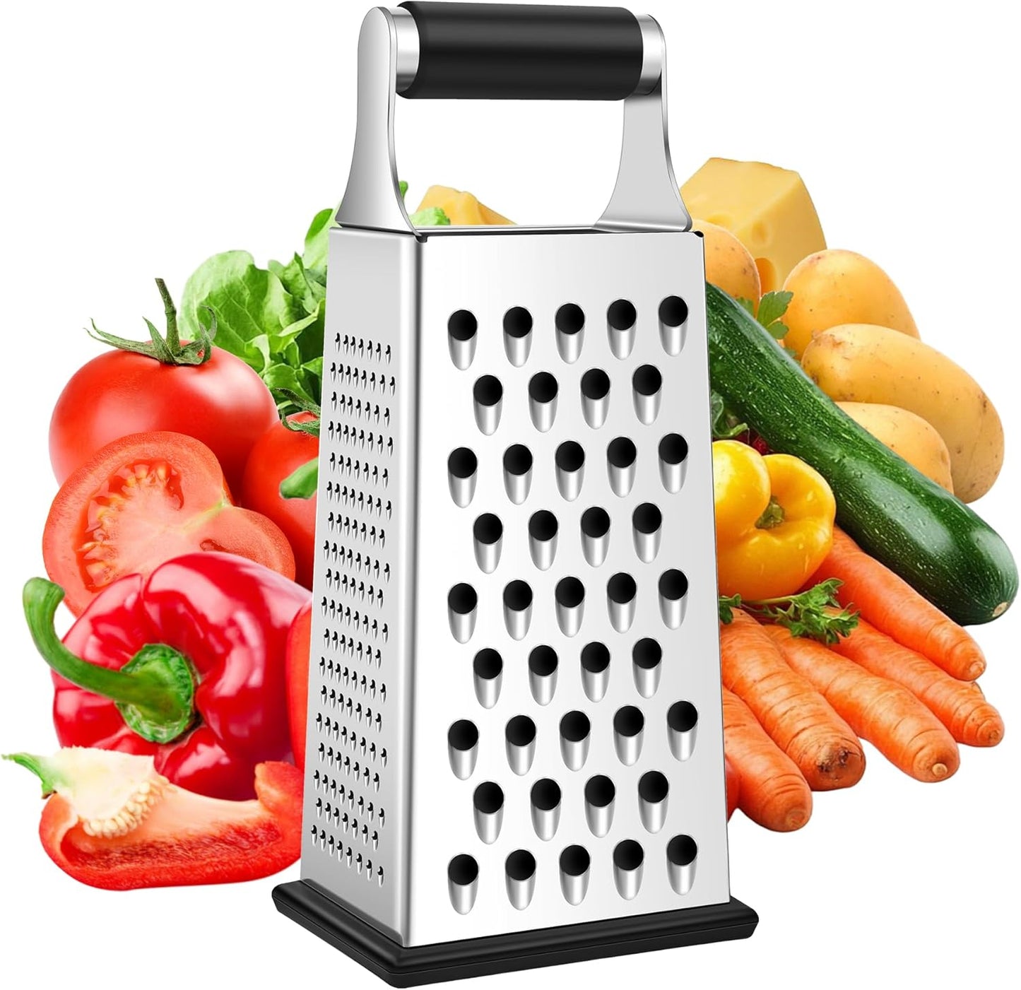 Cheese Grater, Size 4-Sided Stainless Steel Box Grater, Food Shredder for Cheese, Parmesan, Vegetable, Dishwasher Safe, Black