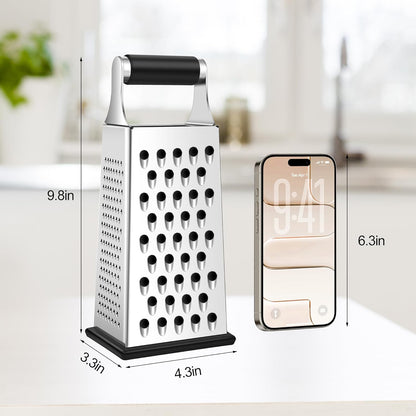 Cheese Grater, Size 4-Sided Stainless Steel Box Grater, Food Shredder for Cheese, Parmesan, Vegetable, Dishwasher Safe, Black