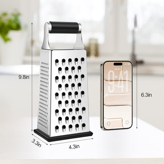 Cheese Grater, Size 4-Sided Stainless Steel Box Grater, Food Shredder for Cheese, Parmesan, Vegetable, Dishwasher Safe, Black