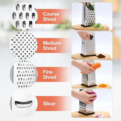Cheese Grater, Size 4-Sided Stainless Steel Box Grater, Food Shredder for Cheese, Parmesan, Vegetable, Dishwasher Safe, Black