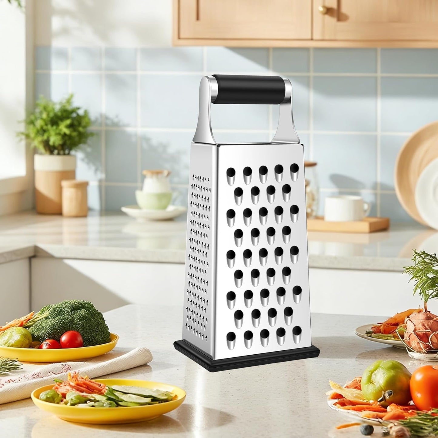 Cheese Grater, Size 4-Sided Stainless Steel Box Grater, Food Shredder for Cheese, Parmesan, Vegetable, Dishwasher Safe, Black