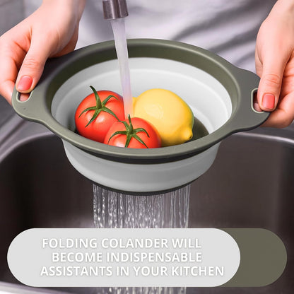 Green Kitchen Strainer Colander Set - 2 PCS Multifunctional Colander Silicone Food Strainers for Kitchen for Pasta and Spaghetti Collapsible with Plastic Handles