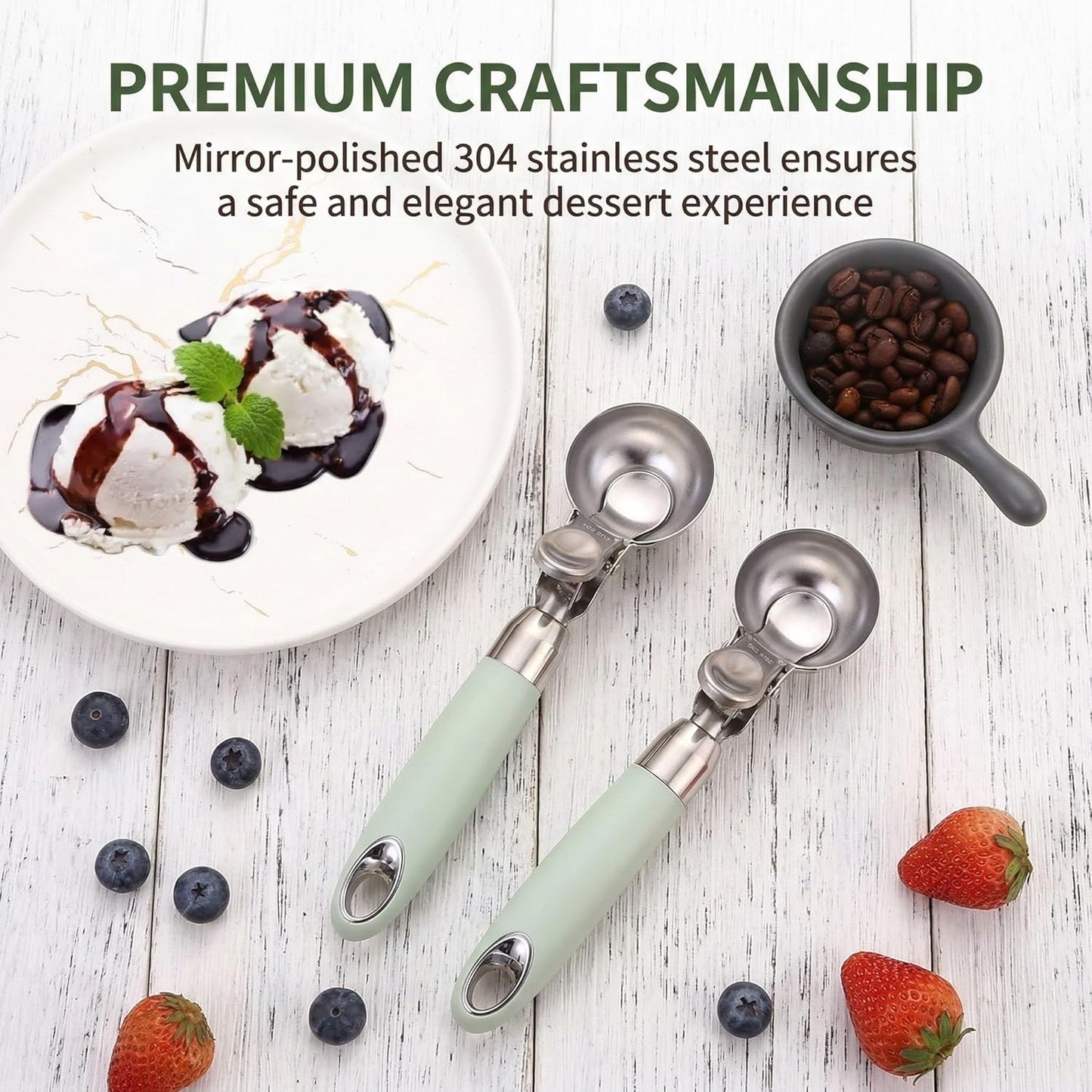Set of 2 Stainless Steel Ice Cream Scoops - 1.85"x1.85" Deep Scoop with Spring-Loaded Release | Non-Stick Melon Baller for Fruits, Dessert & Cookie Dough