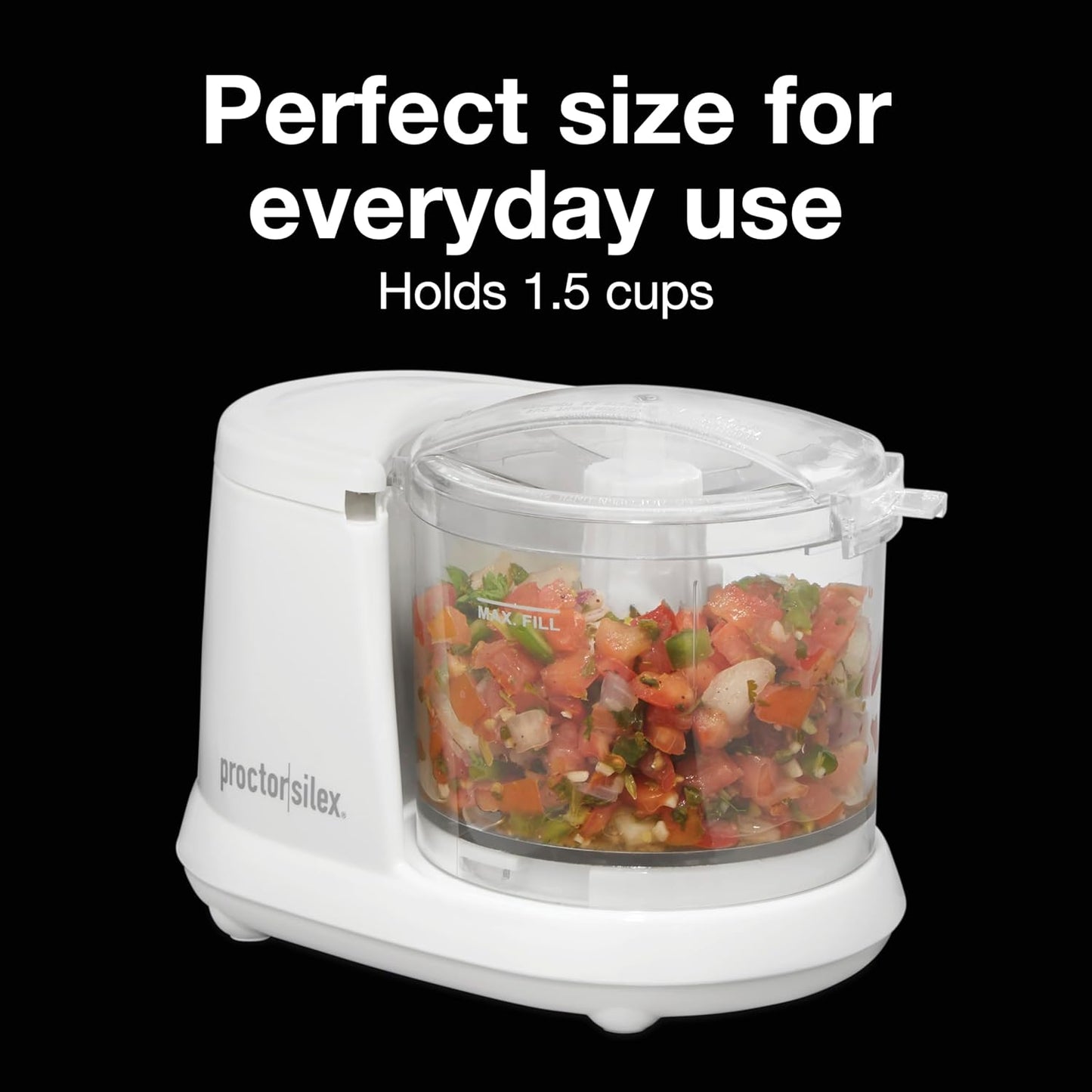 Durable Electric Vegetable Chopper & Mini Food Processor | 1.5 Cup Bowl | Pulse Speed Control For Chopping, Puree & Emulsify | Stainless Steel Blades | Dishwasher Safe | White | 72500J