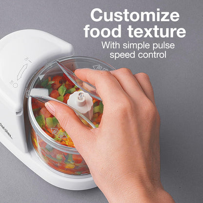 Durable Electric Vegetable Chopper & Mini Food Processor | 1.5 Cup Bowl | Pulse Speed Control For Chopping, Puree & Emulsify | Stainless Steel Blades | Dishwasher Safe | White | 72500J