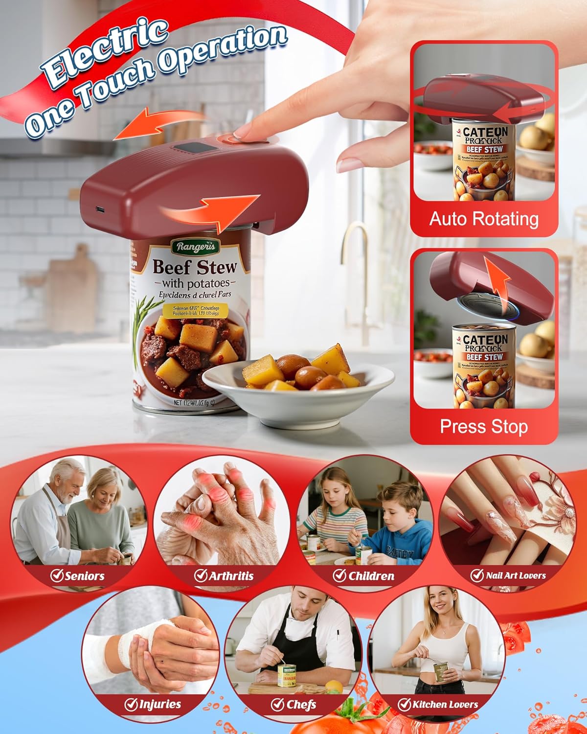 HuiJuKeJi LED Automatic Can Opener, Hands-Free One-Touch Operation Electric Can Opener, Auto-Stop Smooth Edge Safety & USB Rechargeable for Seniors Arthritis Effortless Opening Kitchen Gadget Gift