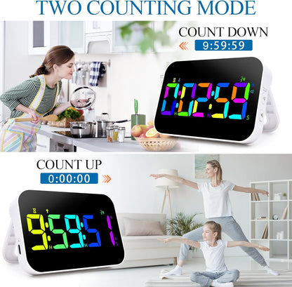 Kitchen LED Digital Timer Rechargeable, RGB Count Down Up Digital Timer with Vioce Reminder for Kitchen Classroom Cooking Study, Vibration Mode 3 Level Adjustable Volume and Brightness