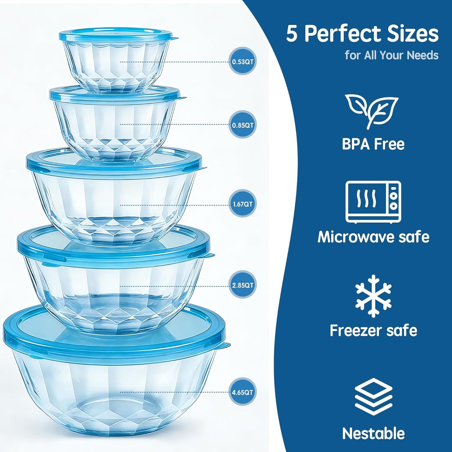 ENVTEK Thick Glass Mixing Bowls with Airtight Lids Set, 5-Piece Nesting Bowls for Baking & Meal Prep, BPA Free, Dishwasher Safe, 0.5/0.8/1.6/2.7/4.4 Quart - Gray