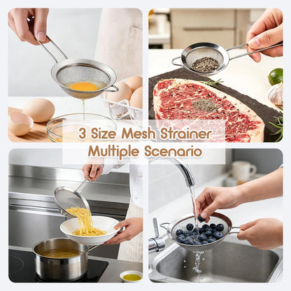 Fine Mesh Strainer Set of 3, Stainless Steel Sieve Sifters with handle, Small Medium Large Size, Kitchen Strainers Colander Set for Sifting, Straining & Cooking