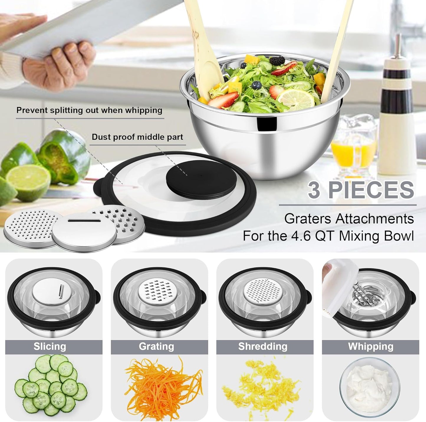 E-far Mixing Bowls Set of 5, Stainless Steel Salad Mixing Bowl with Transparent Lid, Metal Nesting Bowl Attach with 3 Graters for Kitchen Prepping/Serving/Baking/Storage, 4.6/2.6/1.5/1/0.7 QT - Khaki