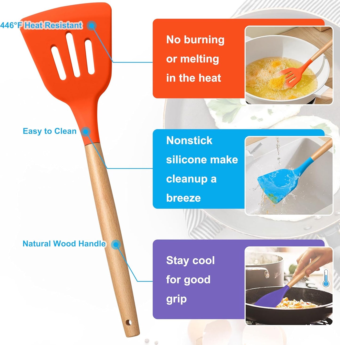 E-far Silicone Cooking Utensils Set, 10-Piece Heat Resistant Kitchen Utensils Set with Wooden Handle for Nonstick Cookware, Kitchen Nonstick Tools Spatula Whisk Tongs Ladle, Non-toxic & Healthy(Khaki)