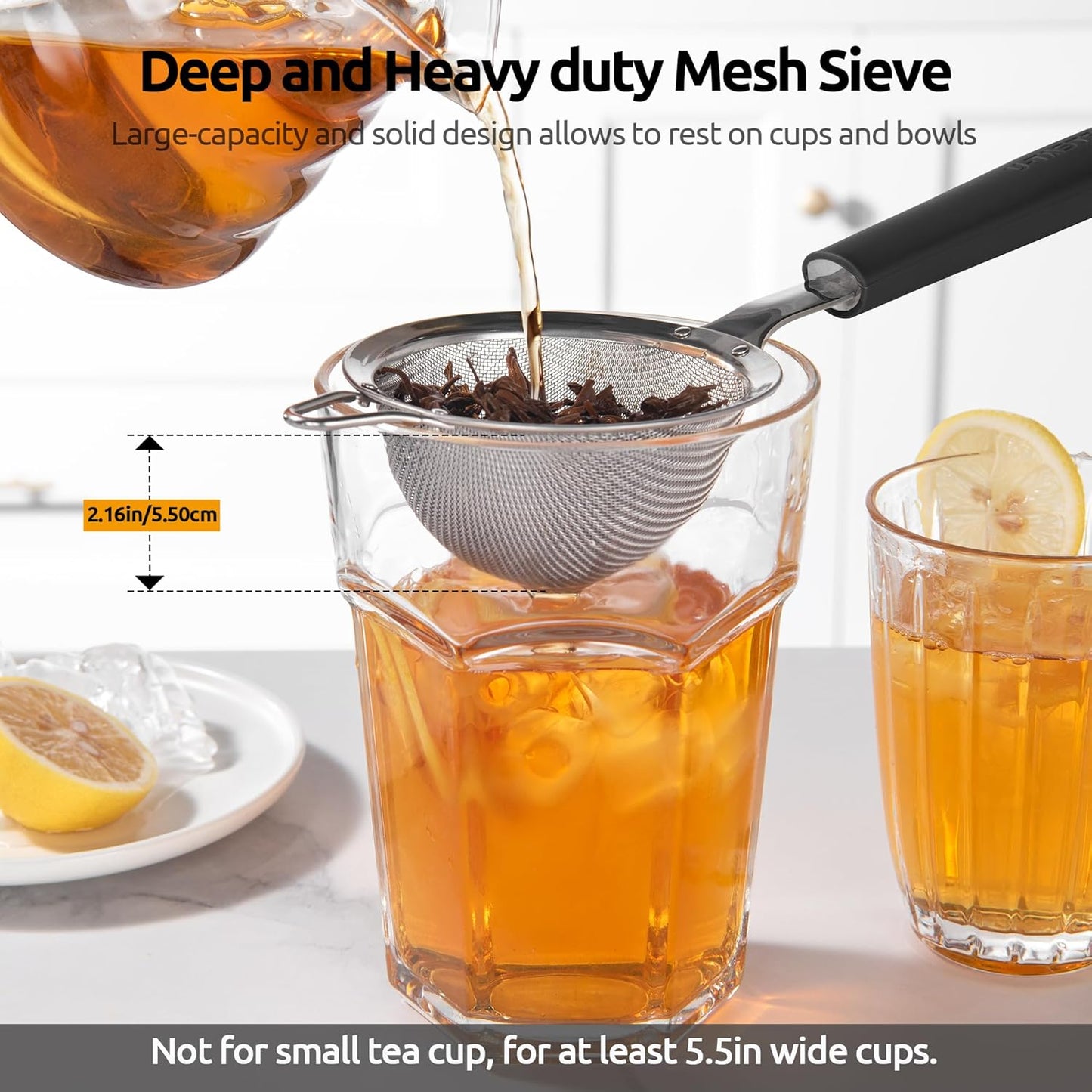 U-Taste Medium Fine Mesh Strainer: 18/8 Stainless Steel 4.73in 30 Mesh Kitchen Food Sieve with Sturdy Riveted Silicone Handle, Heavy Duty Deep Handheld Metal Colander for Rice, Quinoa, Flour (Black)