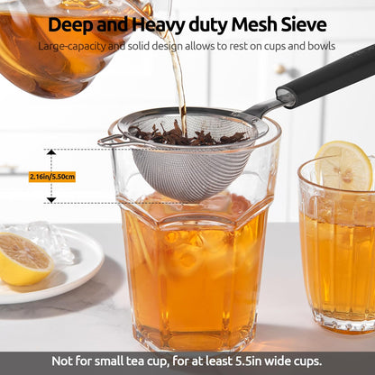 U-Taste Medium Fine Mesh Strainer: 18/8 Stainless Steel 4.73in 30 Mesh Kitchen Food Sieve with Sturdy Riveted Silicone Handle, Heavy Duty Deep Handheld Metal Colander for Rice, Quinoa, Flour (Black)