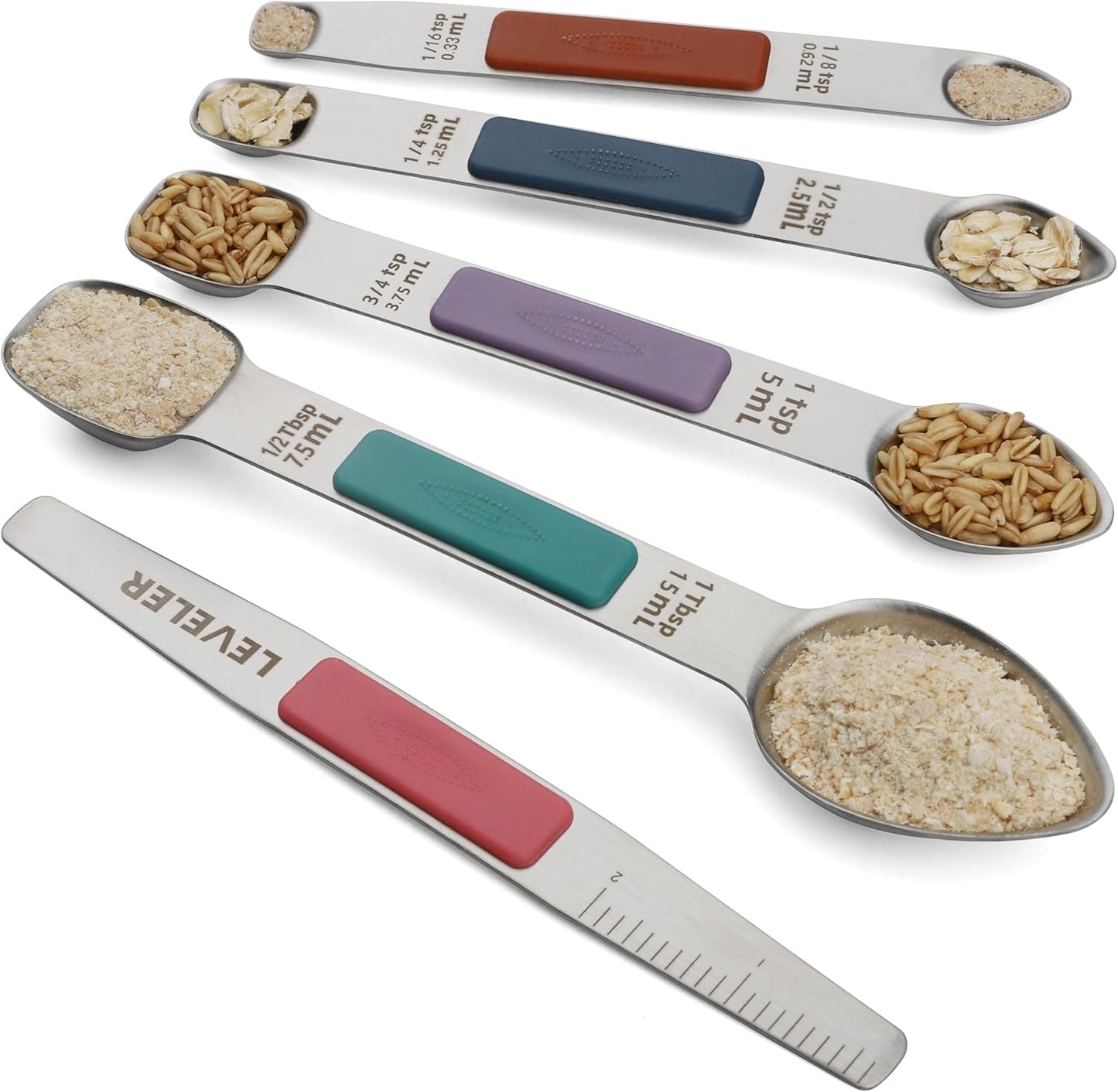 Magnetic Measuring Spoons Set Stainless Steel Double Sided Measuring Spoons with 1 Leveler Measuring Teaspoon Tablespoon for Dry and Liquid Ingredients (5, Black)