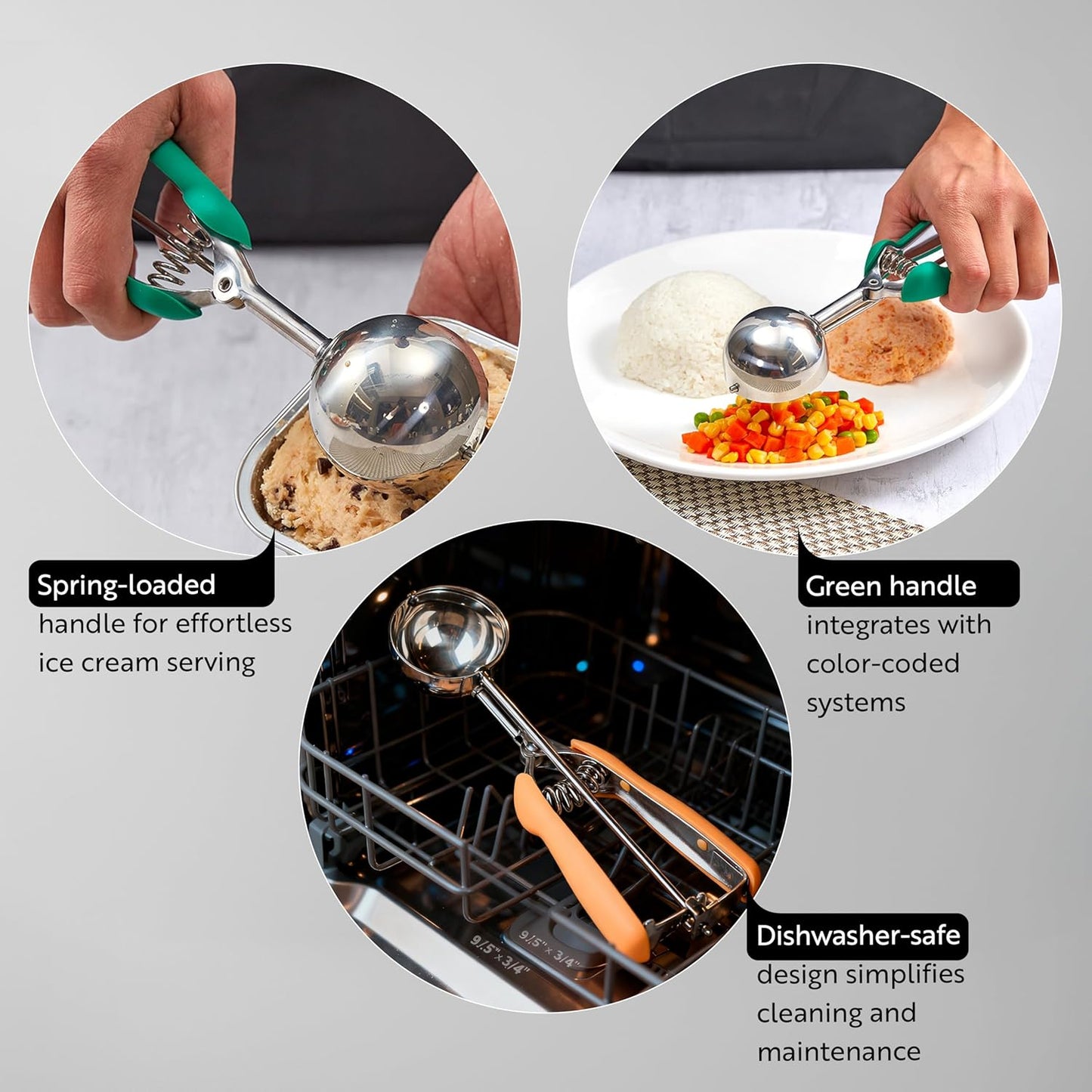 Restaurantware Comfy Grip 4 Ounce Ice Cream Scooper 1 Spring-Loaded Melon Ball Scoop - #8 Built-In Blade Gray Stainless Steel Cookie Baller Dishwasher-Safe Heavy-Duty