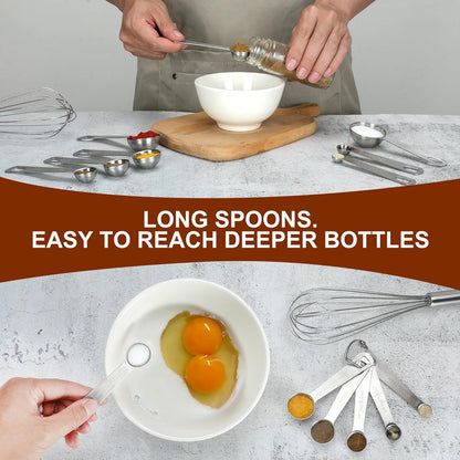 17 Pieces Measuring Cups & Spoons set, 7 Cups, 9 Spoons, 1 Leveler, 18/8 Stainless Steel，Kitchen Gadgets for Cooking & Baking with two Ring Connector, Silver