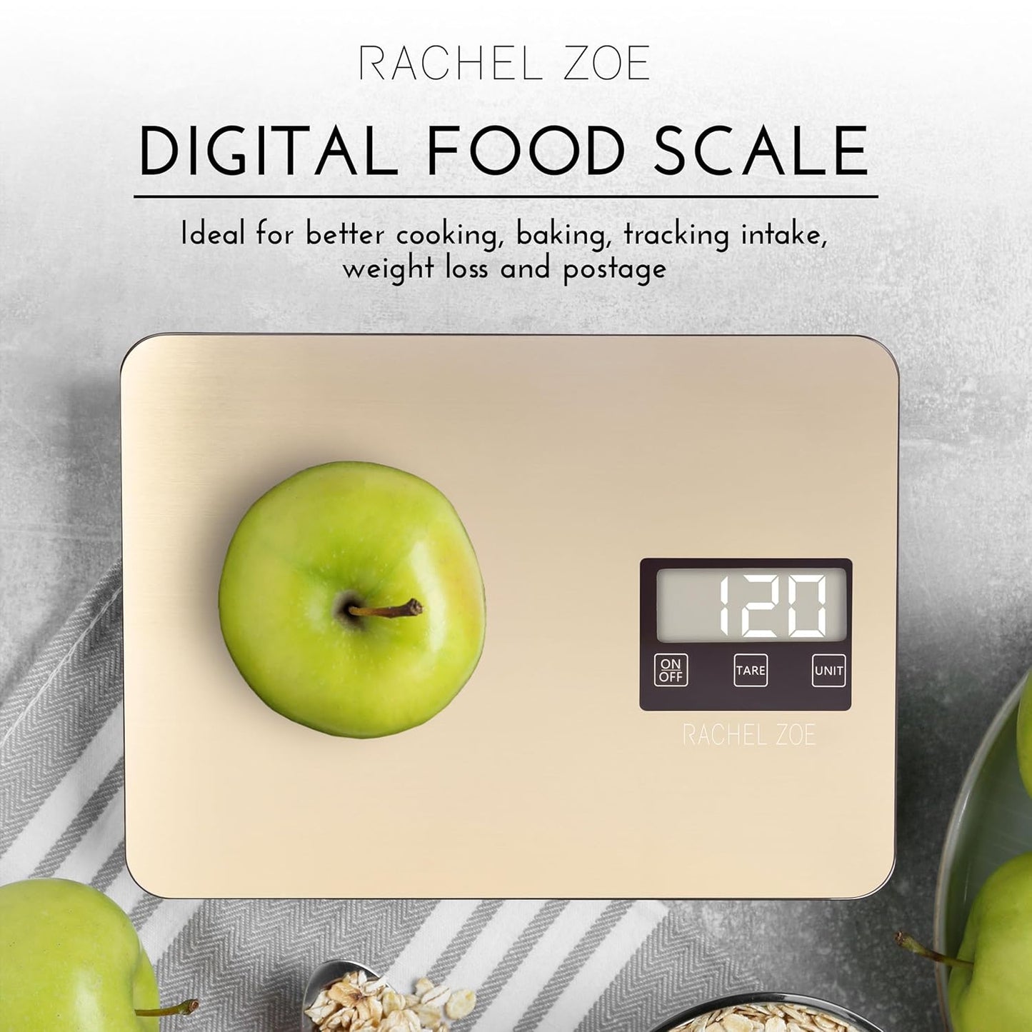 Rachel Zoe Digital Kitchen Food Scale with Non-Slip Base for Home and Kitchen, Measures in Pounds, Grams, Milliliters & Kilograms, Battery Operated Aluminum Electric Scale for Meals, Baking & Diets