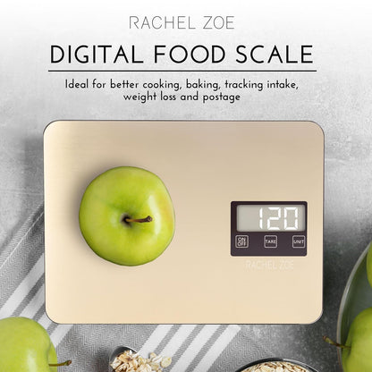 Rachel Zoe Digital Kitchen Food Scale with Non-Slip Base for Home and Kitchen, Measures in Pounds, Grams, Milliliters & Kilograms, Battery Operated Aluminum Electric Scale for Meals, Baking & Diets