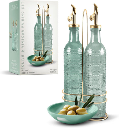 COOK WITH COLOR Glass Olive Oil Bottle Dispenser - 2 Pack- 17oz Oil and Vinegar Cruet - Olive Oil Carafe Decanter for Kitchen, Elegant Waves, Clear