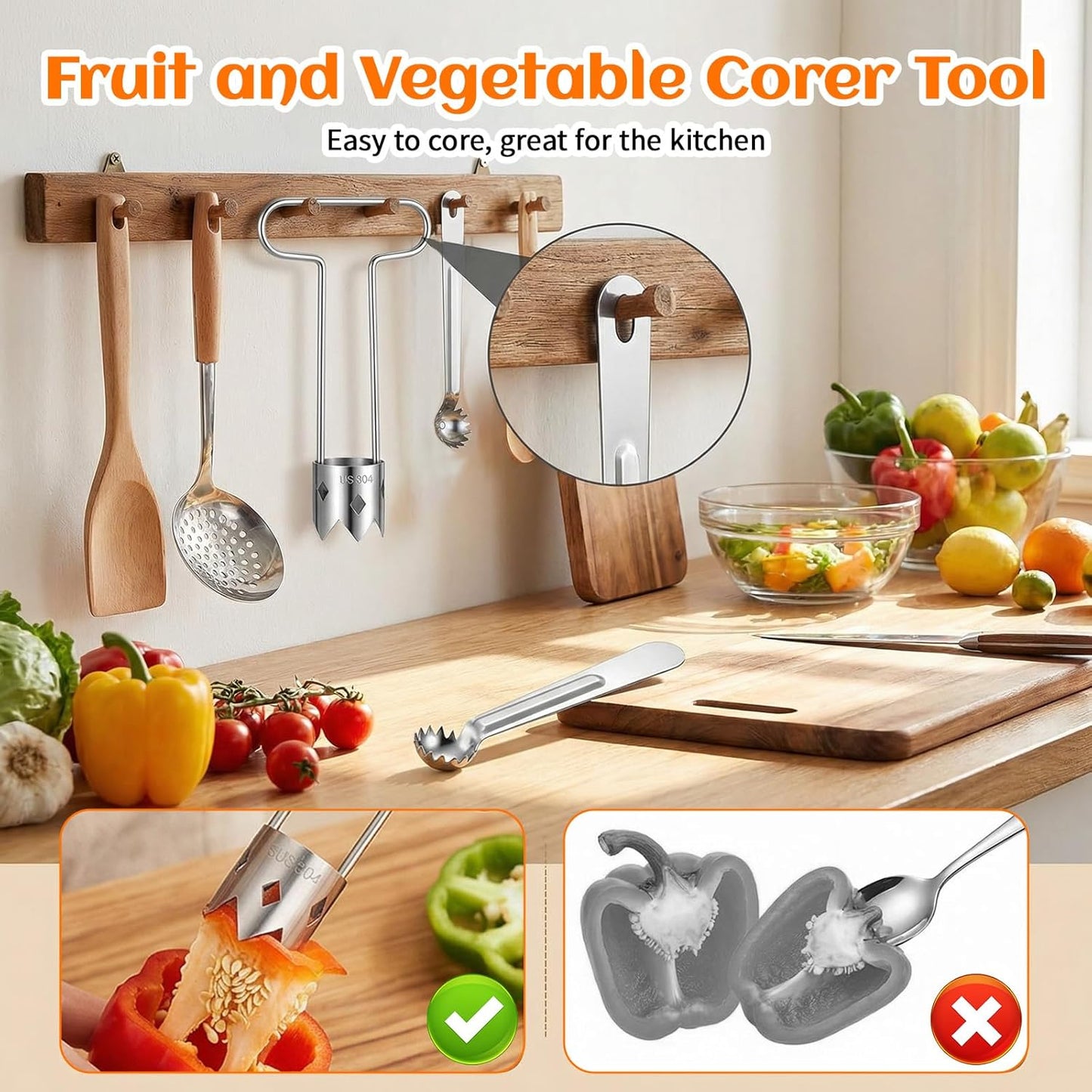 2 Pcs Seed Corer T Shaped Fruit Stem Remover Red Bell Pepper Stainless Steel Apple Pineapple Corer Tool for Vegetable Pineapple Pear Bell Pepper Kitchen Gadget