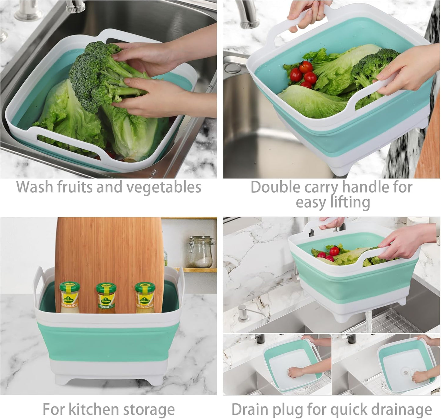 Tiawudi Dishpan for Washing Dishes, 2.4Gal/9L Wash Basin with Draining Plug Carry Handles, Collapsible Bucket for Cleaning, Portable Sink, Foldable Plastic Tub, 1PC