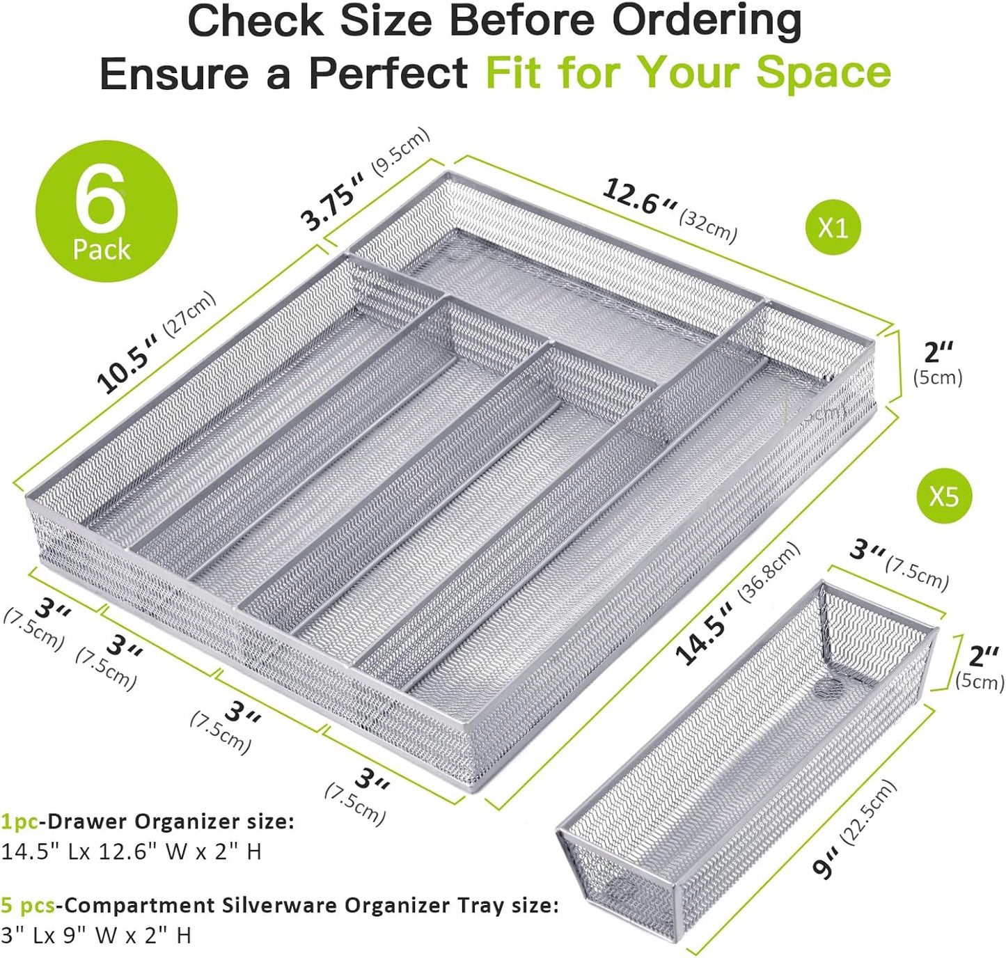 Neudeco Silverware Drawer Organizer - 5 Compartment Cutlery Tray with Non-Slip Feet, Mesh Wire Flatware Storage Divider for Kitchen, Bedroom, Living Room (Silver)