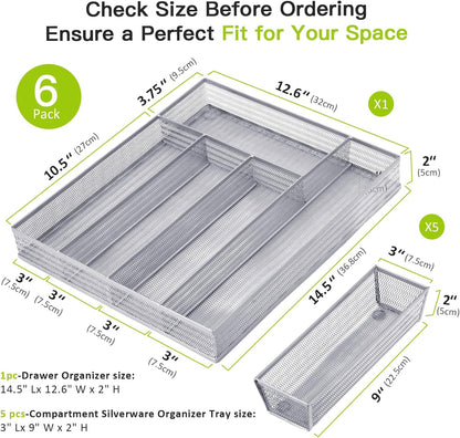 Neudeco Silverware Drawer Organizer - 5 Compartment Cutlery Tray with Non-Slip Feet, Mesh Wire Flatware Storage Divider for Kitchen, Bedroom, Living Room (Silver)