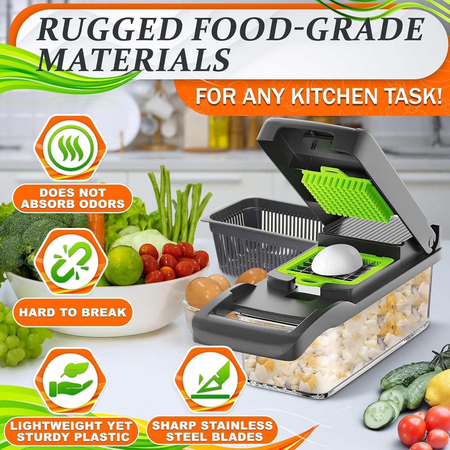 14-in-1 Vegetable Chopper with Container – Veggie Chopper with Container and Lid Includes 6 Blades, Cheese Grater, Egg Separator | Finger Guard, Dishwasher Safe – Veggie Dicer for Chips, Cubes, Strips