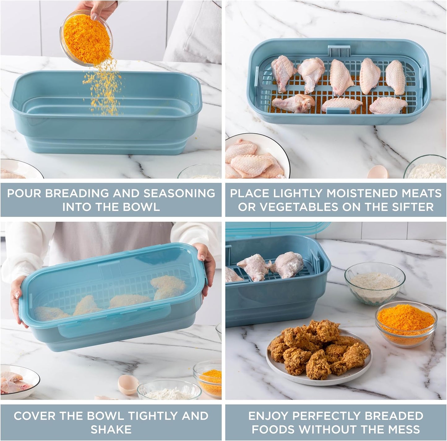 COOK WITH COLOR Collapsible Batter Bowl - Mess Free Breading Shaker Container - Great for Fried Fish, Fried Chicken, Onion Rings, Wings & More, Gray