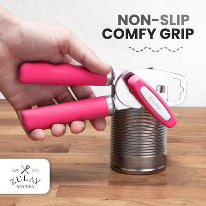 Zulay Kitchen Heavy Duty Stainless Steel Can Opener Manual with Bottle Opener - Rust Proof Manual Can Opener With Turn Knob & Comfy Soft Grip Handles - Cherry Red - Colors B