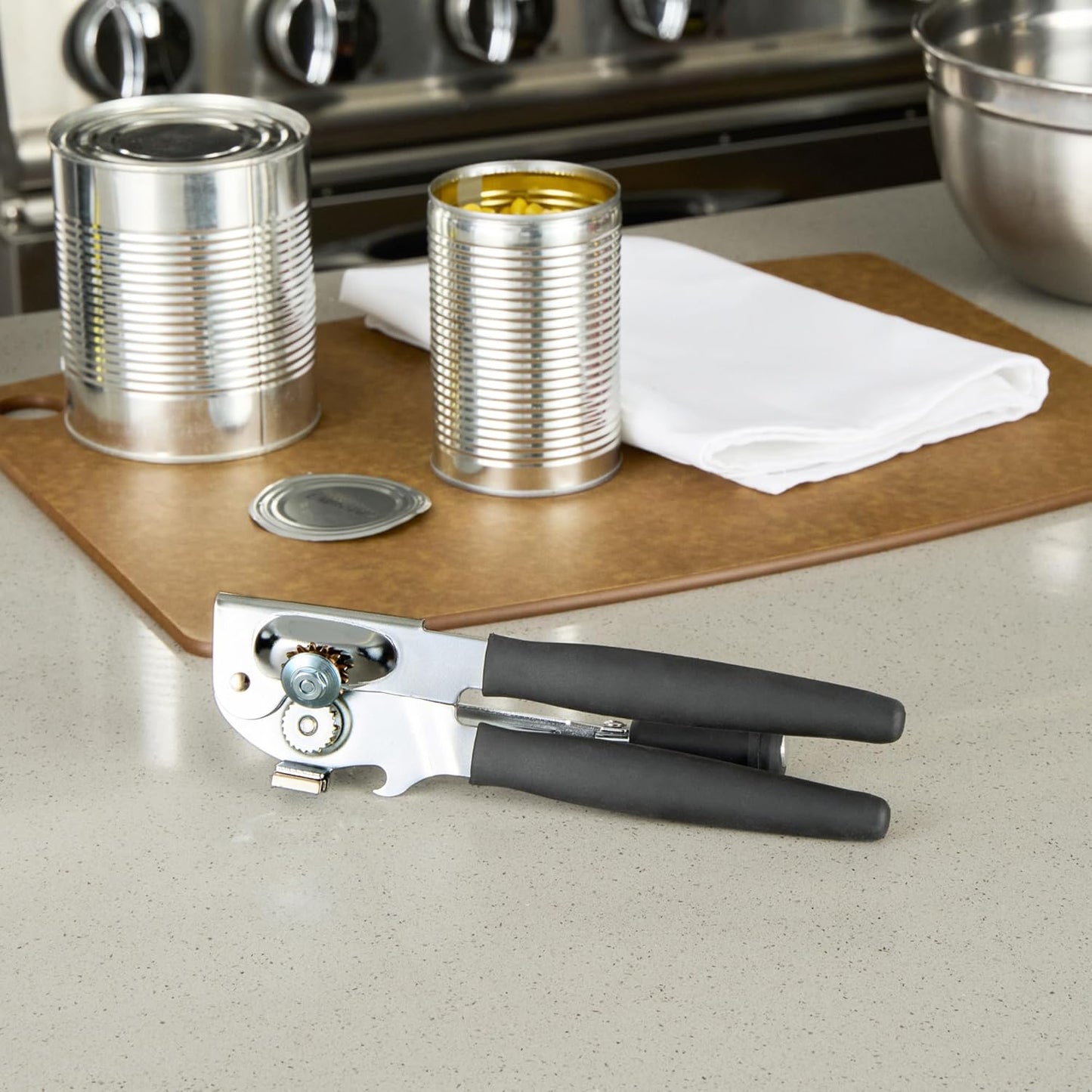 Restaurantware Stainless Steel Magnetic Manual Can Opener - German Standard Red Crank Can Opener with Magnet, Ergonomic Handles, Non-Slip - Heavy-Duty Hand Can Opener, Easy Turn, Sharp Blade