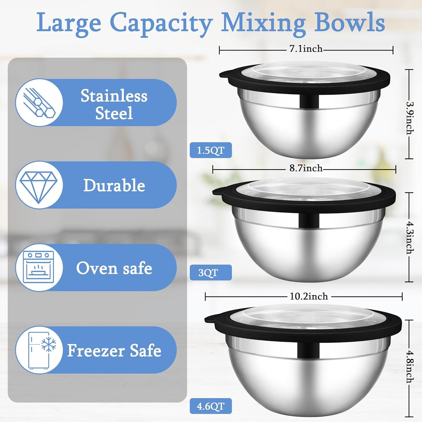 LIANYU Mixing Bowls with Lids Set of 3, Large & Small Stainless Steel Nesting Metal Bowls for Kitchen Storage, Dishwasher Safe, Size 1.5QT & 3QT & 4.6QT, Black