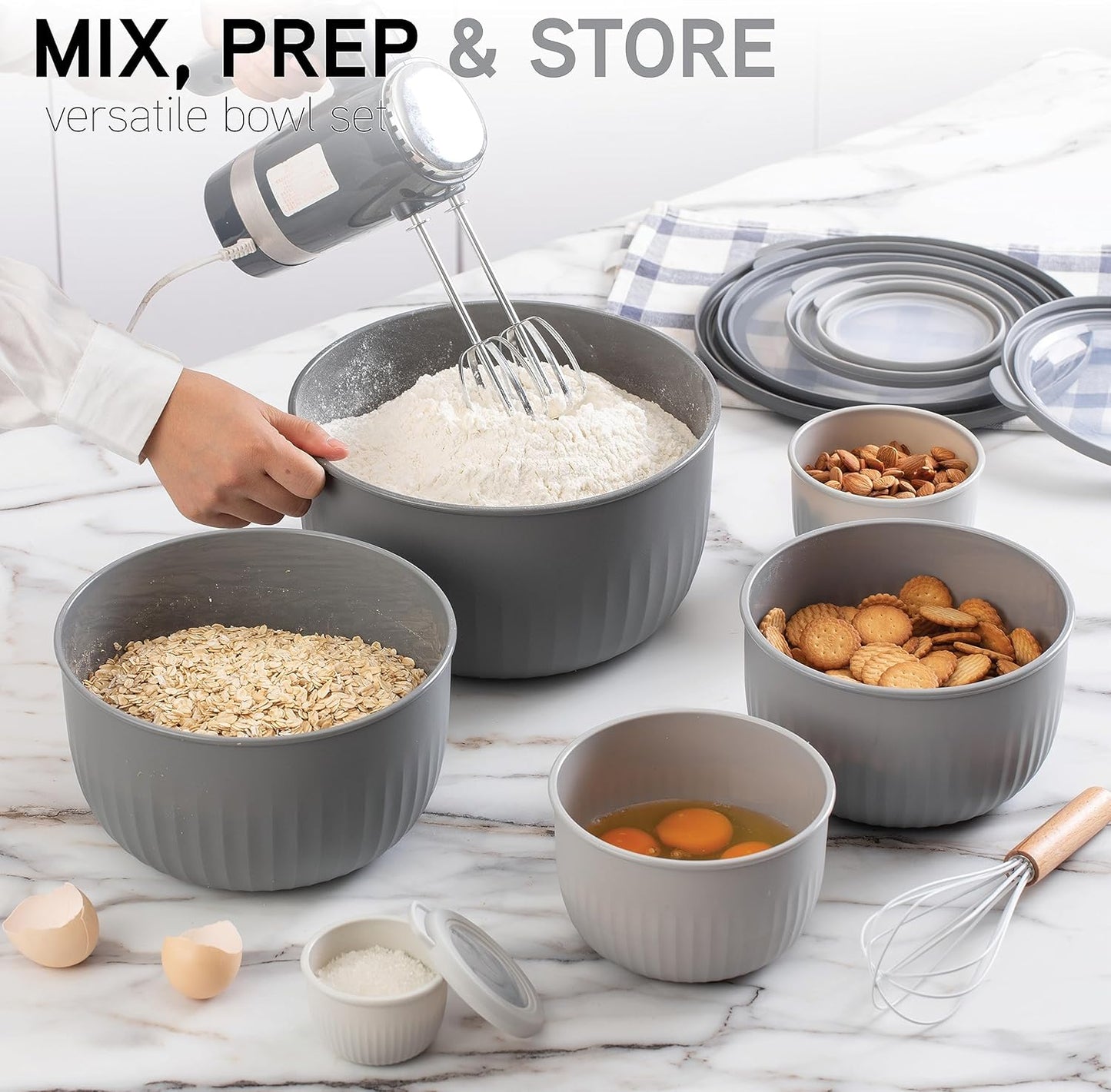 COOK WITH COLOR Prep Bowls with Lids- Wide and Deep Nesting Plastic Small Mixing Bowl Set with Lids, 8 Piece Set - Wide Bowls, Blue